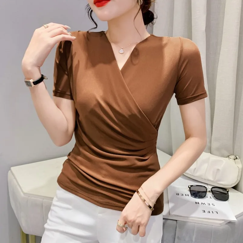 

#7264 Summer Wrap T Shirt Women V-neck Sexy Clothes Basic Mesh T-Shirt Elegant Tight Short Sleeve T Shirt Solid Color V-neck
