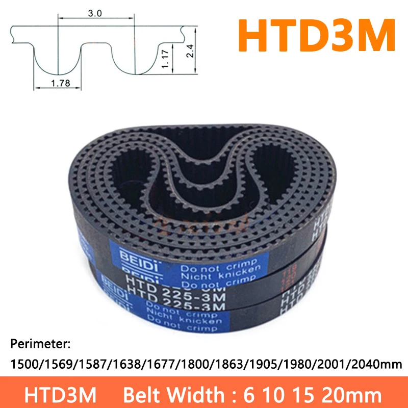 

1pc HTD3M Timing Belt Width 6/10/15/20 1500/1569/1587/1638/1677/1800/1863/1905/1980/2001/2040mm Rubber Closed Synchronous Belt