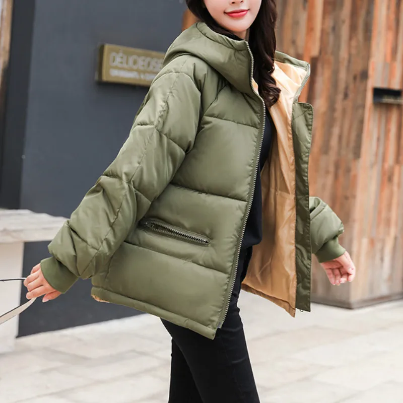 Thicken Woman Parkas Solid Loose Women's Winter Puffer Jacket Plus Size Korean Style Hooded Stand Collar Casual Overcoat Female