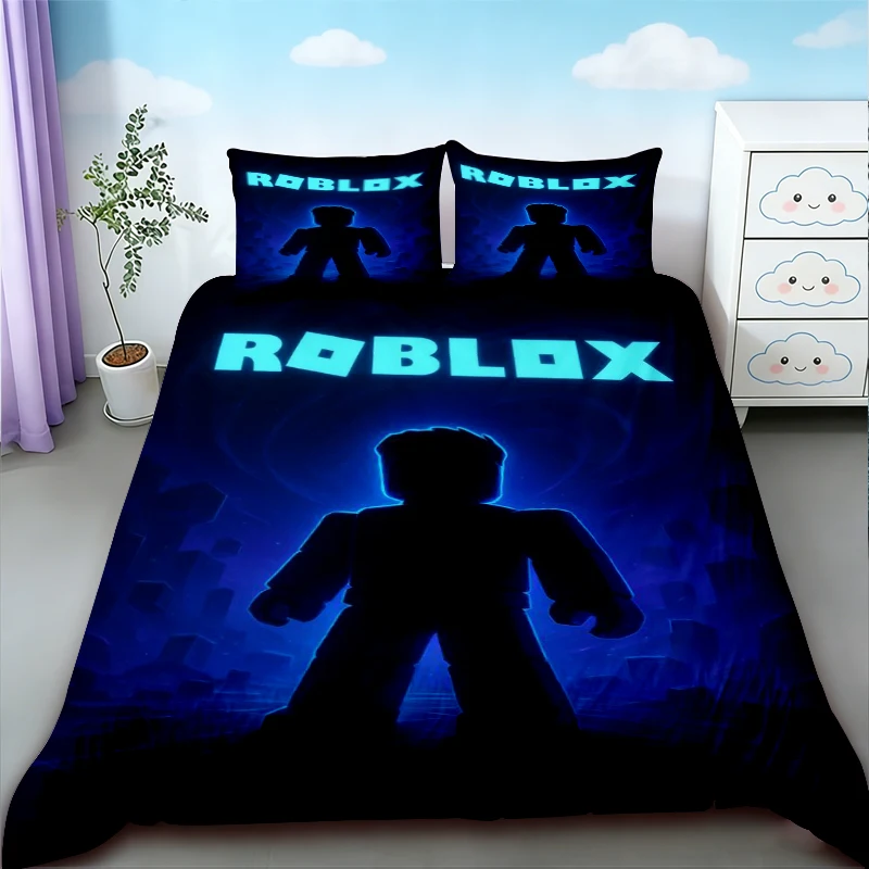 Фото Комплект постельного белья Roblox из 3 предметов: пододеяльник и наволочки, мультяшный дизайн для подростков, размеры Queen и King, для декора спальни, подарки для дома №2
