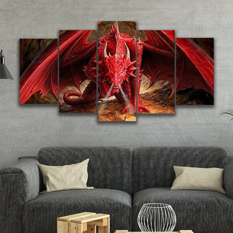 

5 Piece Wall Art Canvas Game Modular Pictures Posters Red Dragon Prints Modern Home Decor Living Room Decoration Paintings