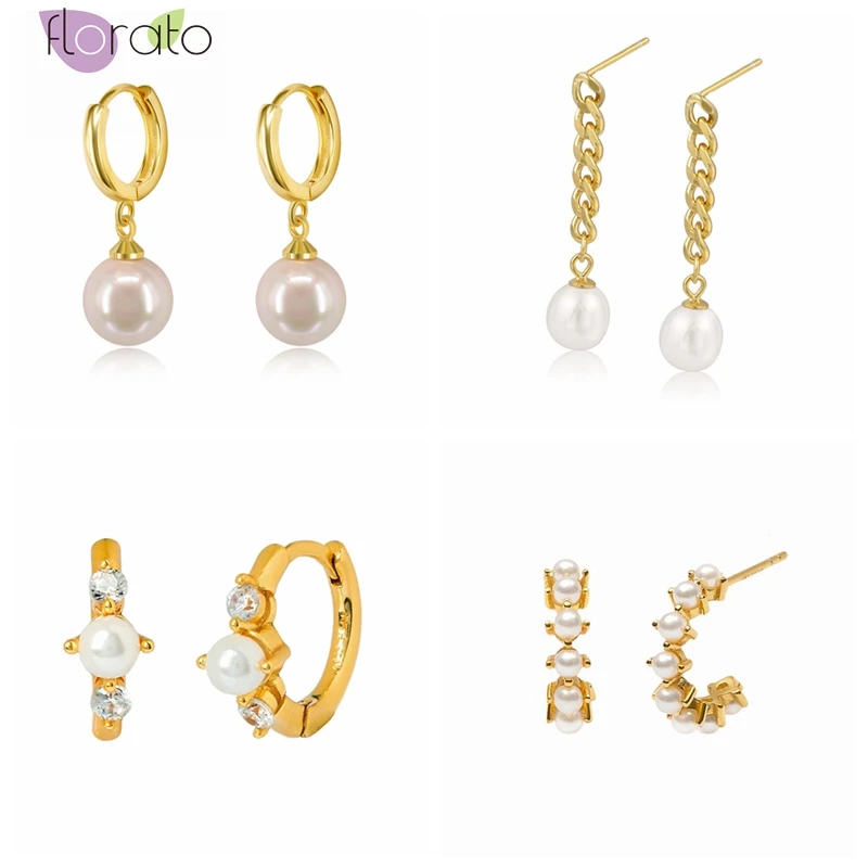 

Simulation Pearl Earrings 925 Sterling Silver Ear Needle Hoop Earrings for Women White Pearl Pendant Earrings Retro Jewelry