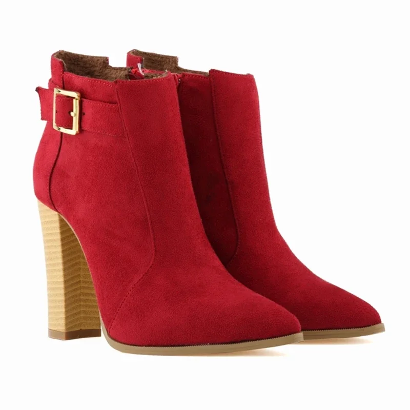Зима-Осень модные женские ботильоны пикантные туфли на толстом высоком каблуке с