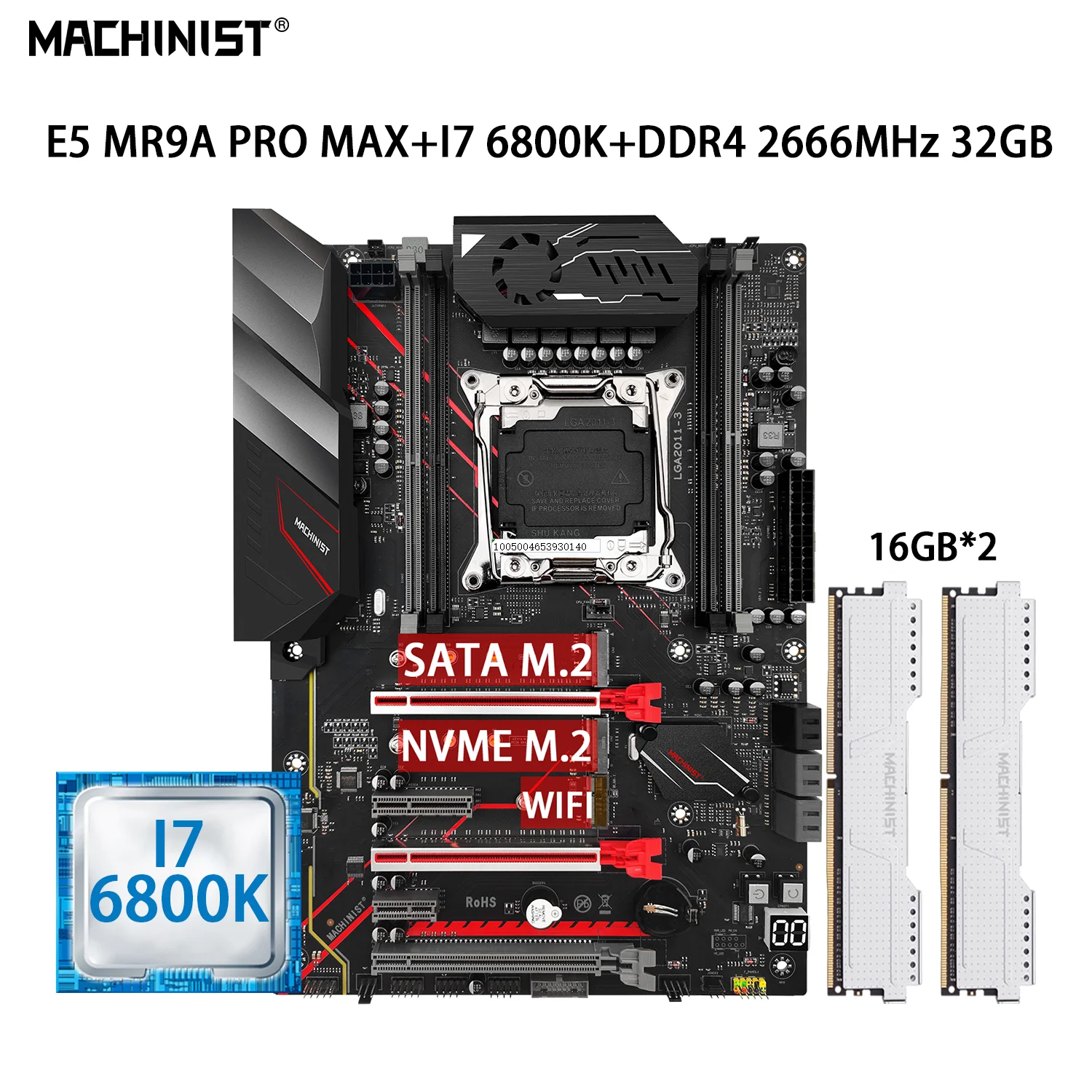 

MACHINIST X99 Motherboard Set LGA 2011-3 Kit With Intel Xeon I7 6800K CPU 32GB=2PCS*16GB DDR4 3200MHz RAM NVME/SATA WIF MR9A PRO