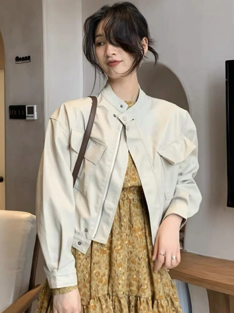 Autumn Korean Cropped Leather Jacket Women Black Thin Loose Casual Motorcycle Jacket Female 2022 Winter Streetwear Lady Chic Top