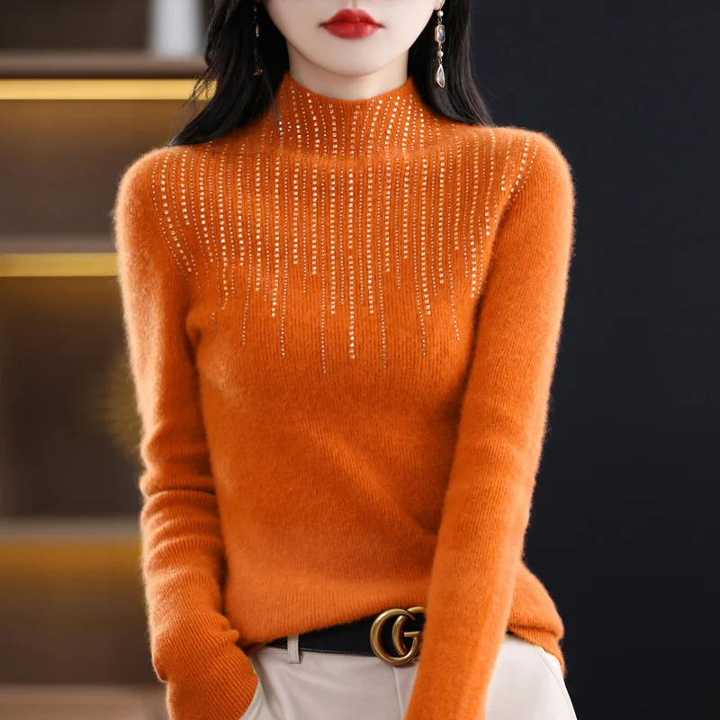 

Осенне-зимний новый женский свитер с полувысоким воротником из чистой шерсти Свободный пуловер свитер утепленное теплое вязаное шерстяное...