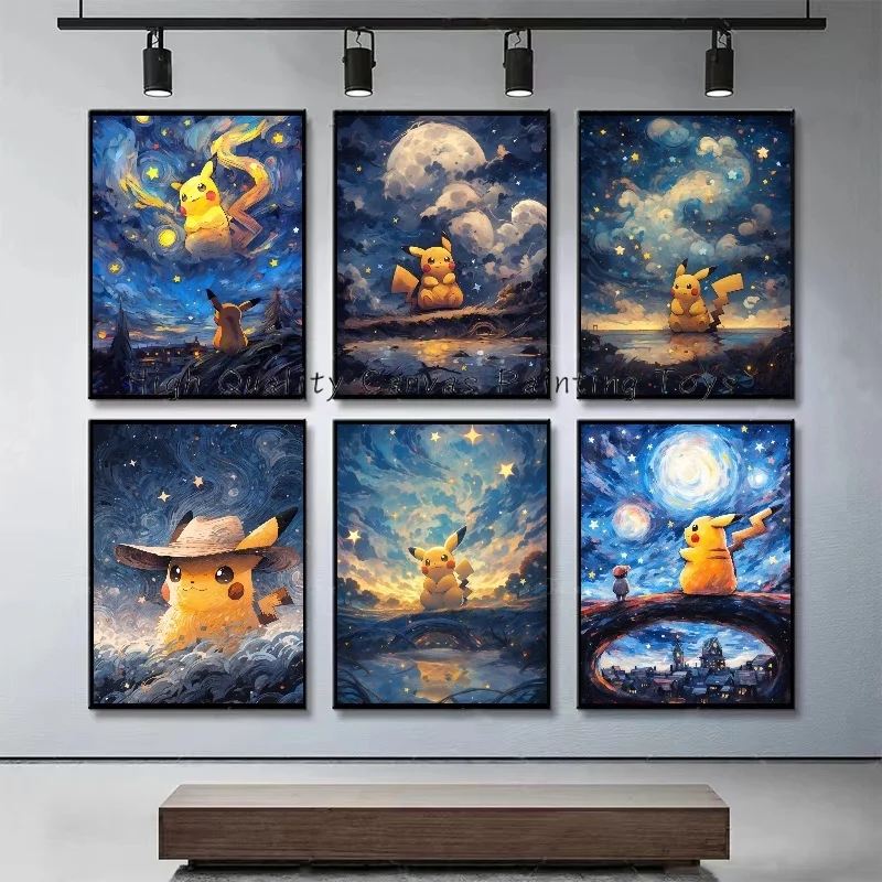 Покемон Ван Гог стиль акварель Аниме фигурки Пикачу портрет живопись плакаты
