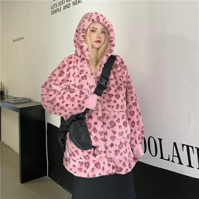 

Alt Pink Coat Y2k New Autumn and Winter Korean Style Chic Leopard Hoodie Plush Cardigan Zipper Jacket Female Korean Coats Women