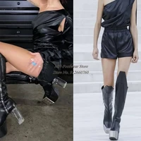 2022 new women boots metal square toe ankle bootrs transparent chunky heel platform knee high boots interior zipper long boots
