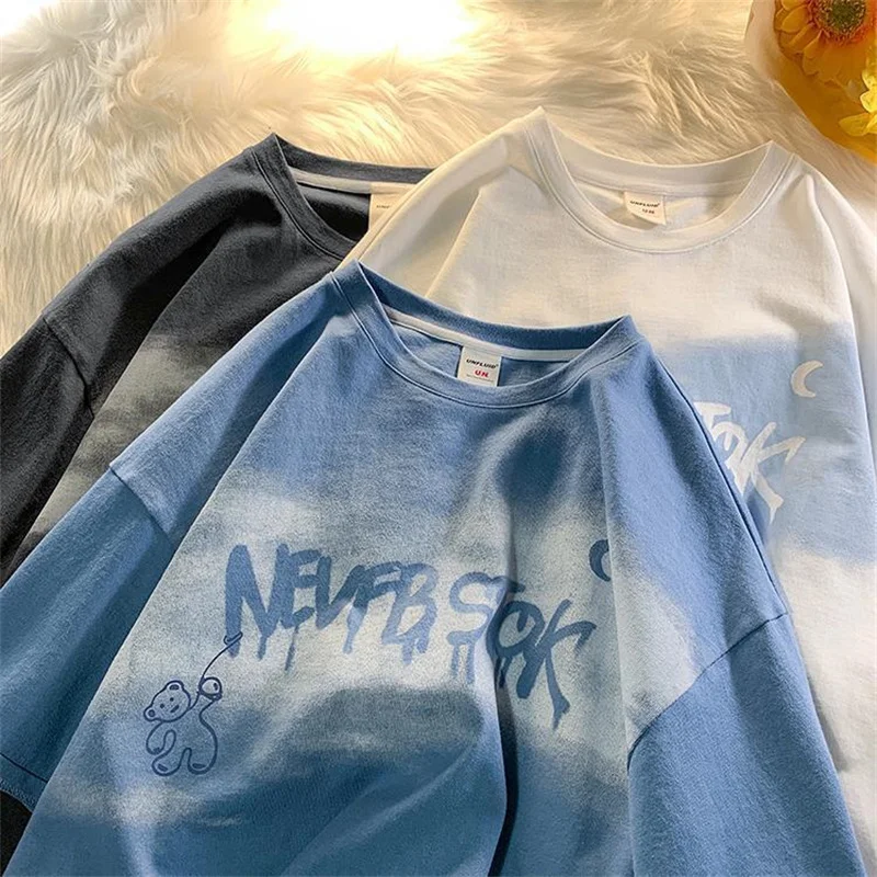 

dinboa-Summer New Japanese Print Cloud Moon Bear Letter Short Sleeve T Shirt Female Ins Harajuku Casual Cute Loose Oversized Top