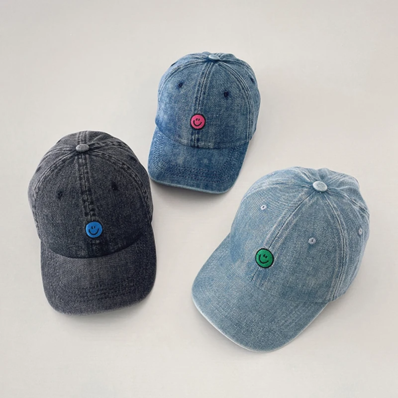 

Kids Denim Cotton Baseball Cap For Girls Boys Cute Embroidery Smile Embroidery Baby Hat Children Spring Summer Sun Hats