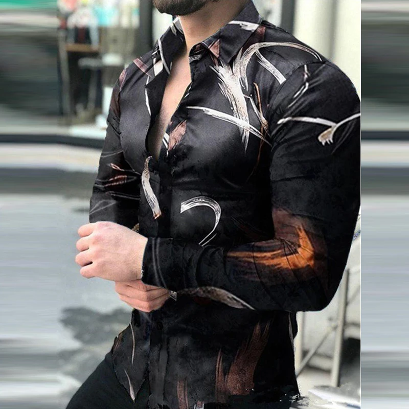 

Fashion 2023 Spring Lapel Print Polos Men Retro T-Shirts Tops Streetwear Casual Men Long Sleeve Single Breasted Slim Polo Shirt