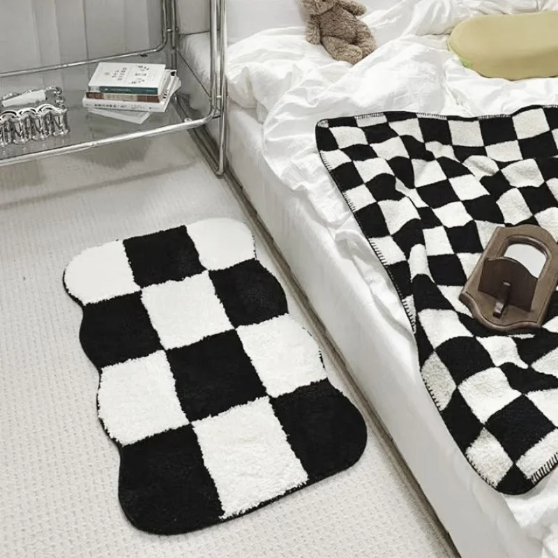 

Chessboard Carpet Bathroom Absorbent Non-slip Mat InsTop Quality Flocked Rug Bedroom Bedside Rugs Black and White Checkered Mats