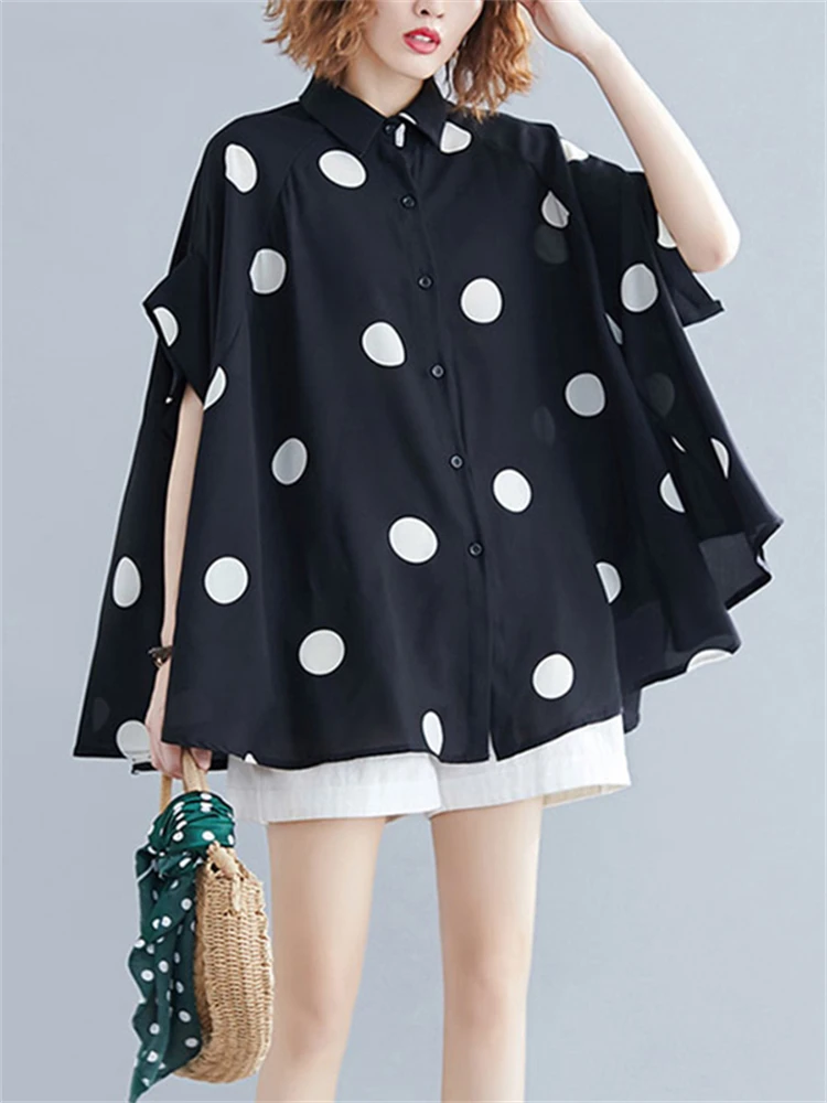 

2022 Spring Summer Women Black Polka Dot Print Blouse New Chiffon Lapel Short Sleeve Loose Casual Shirt Tops Fashion Clothing