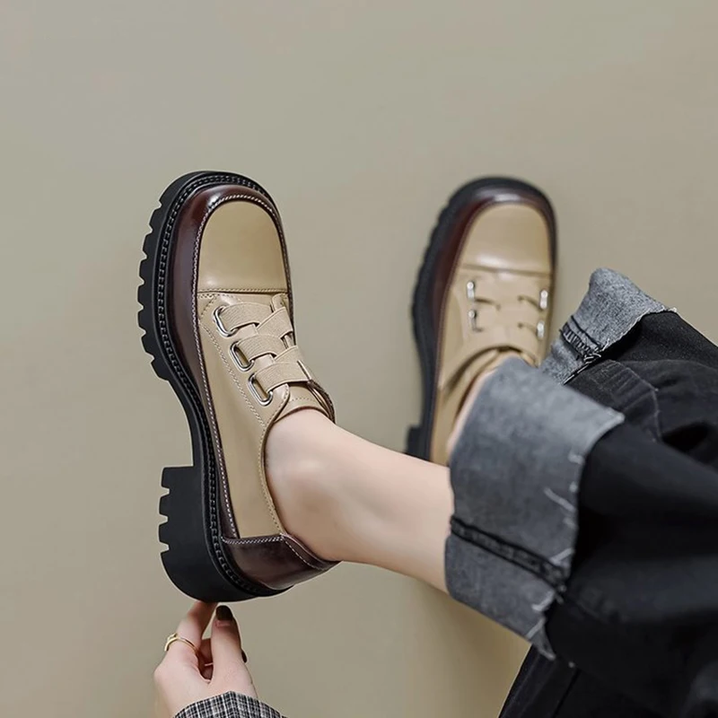 Retro Platform Flats Shoes Women Eco-friendly Leather Mixed Color Oxfords Square Toe Hook Loop Comfortable Work Ladies Shoes