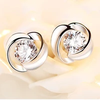 simple floral inlaid white zircon stud earrings for women fashion metal silver color crystal engagement wedding earrings jewelry
