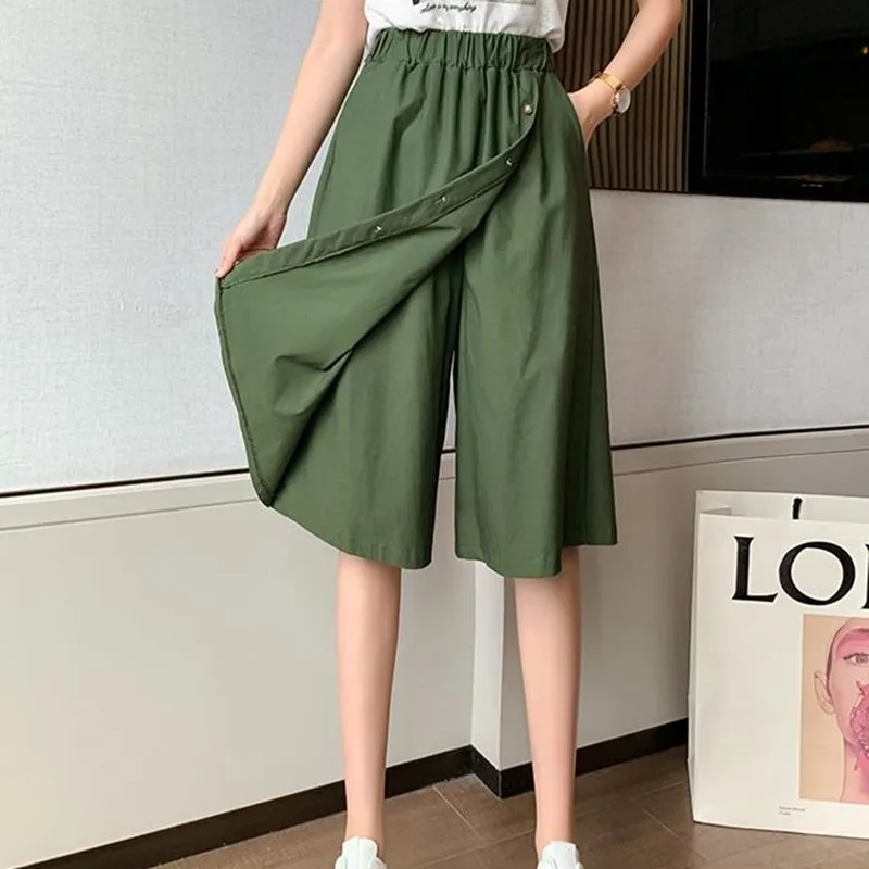 

Капри женские хлопковые с широкими штанинами, модные короткие брюки с высокой эластичной талией, шорты-юбки в Корейском стиле, лето 2022