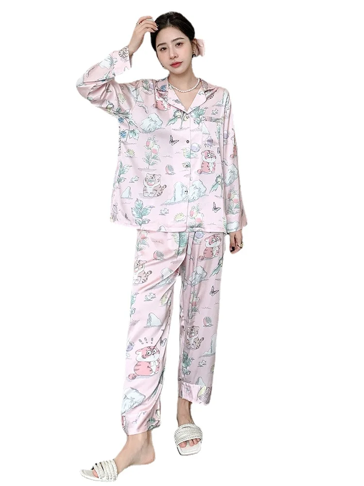 New Spring Summer Ladies Faux Silk Pajama Sets Sexy Homewear Clothes Women's Casual Luxury Pajamas Thin Female Sleepwear Set