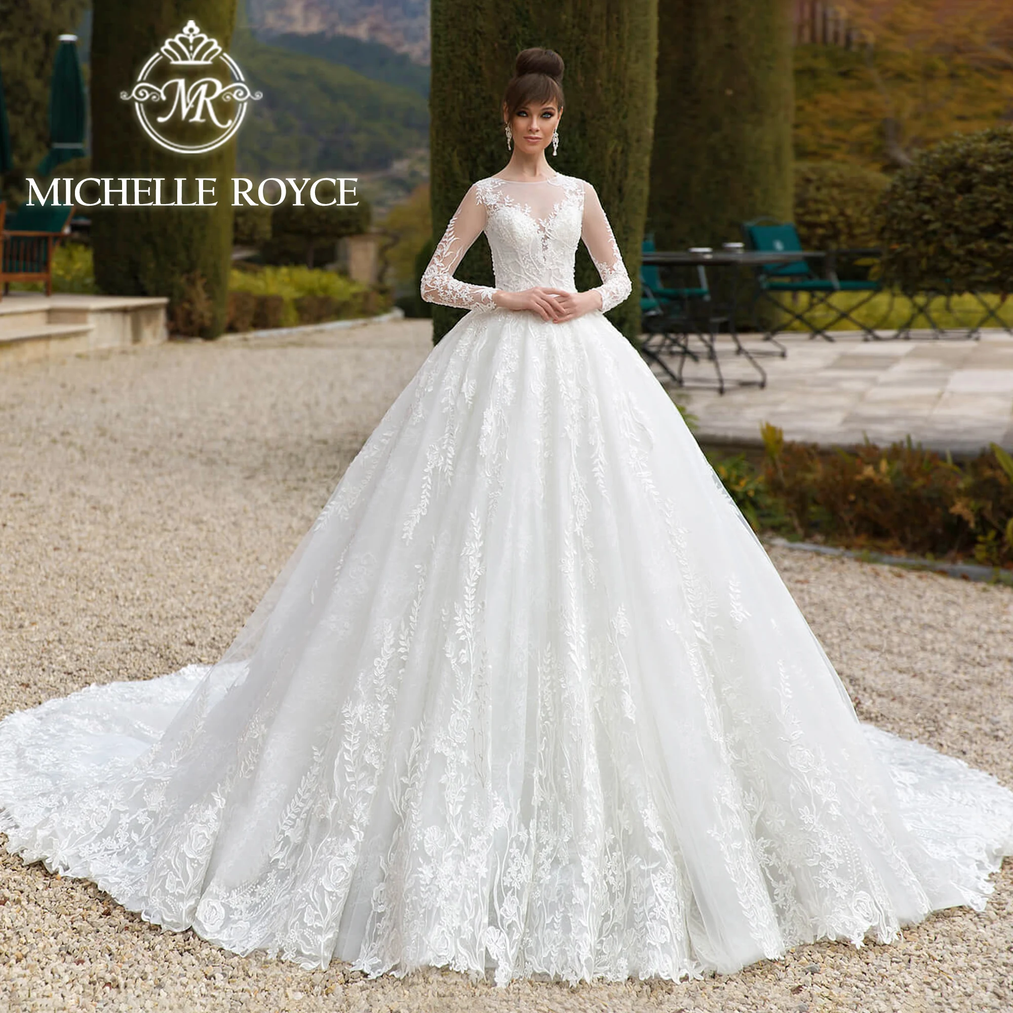 

Michelle Royce Ball Gown Long Sleeve Wedding Dress 2023 Invisible Neckline Appliques Chic Button Wedding Gown Vestidos De Novia