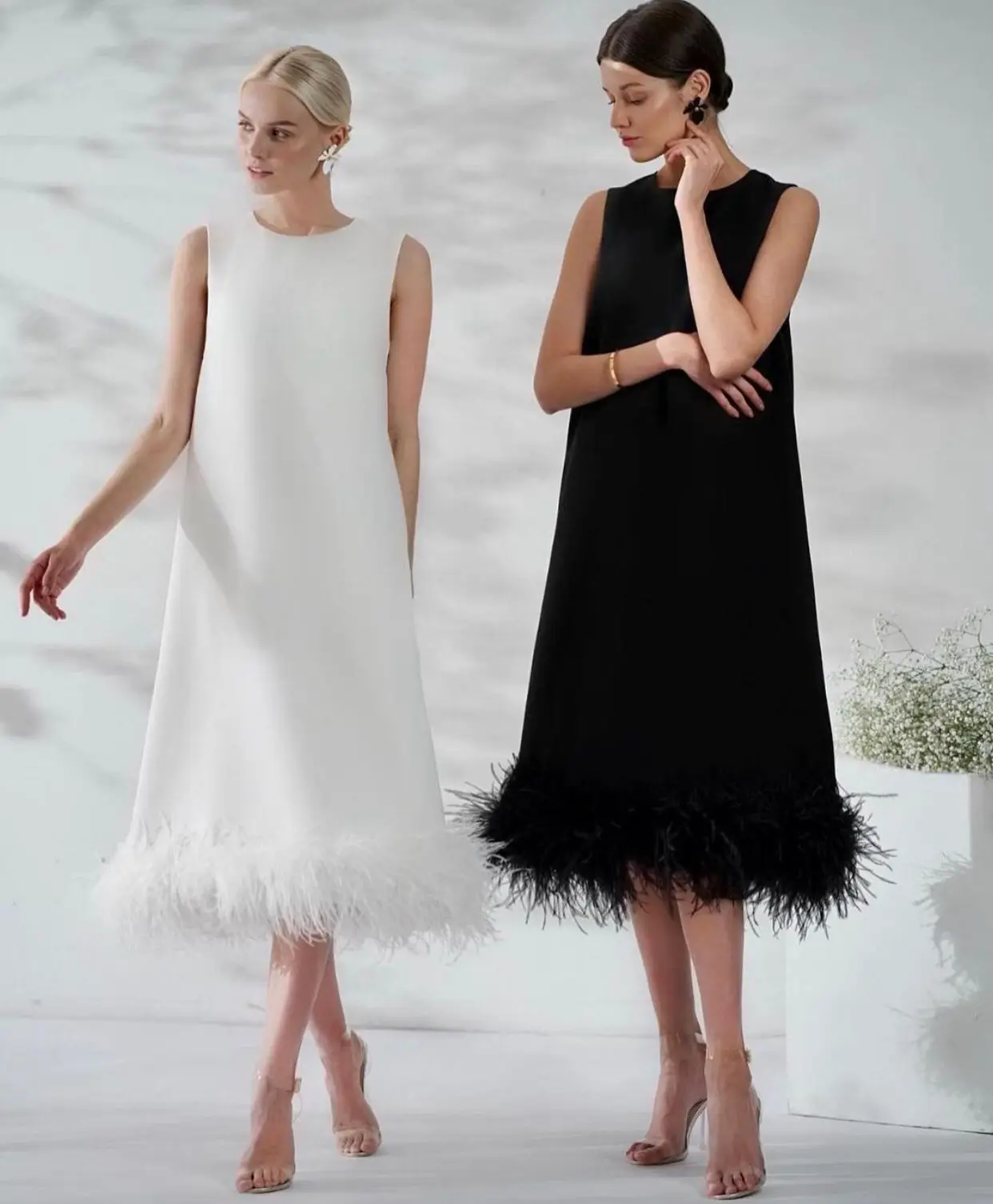 

Elfin Saudi Arabia Black Prom Dresses O Neck Hollow Back adjustable Bow Satin Feather Tea Length Straight Evening Gowns
