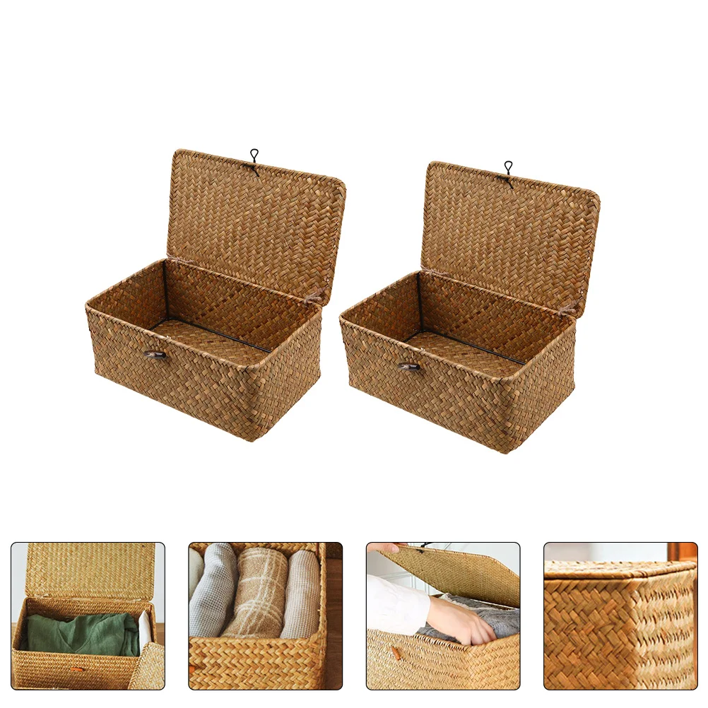 

2 Pcs Toy Storage Bins Lids Seagrass Basket Wood Fruit Wicker Baskets Table Woven Box Organizer Rattan