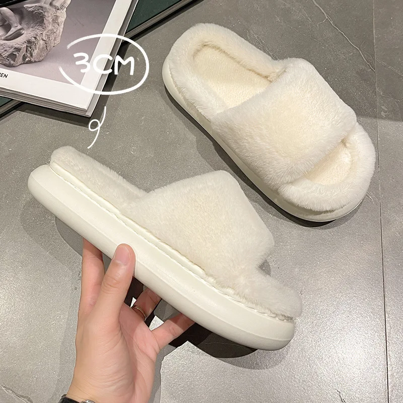 Thick Fluffy Fur Slippers 2022 New Women Winter House Warm Furry Slippers Women Flip Flops Home Slides Flat Indoor Floor Shoes