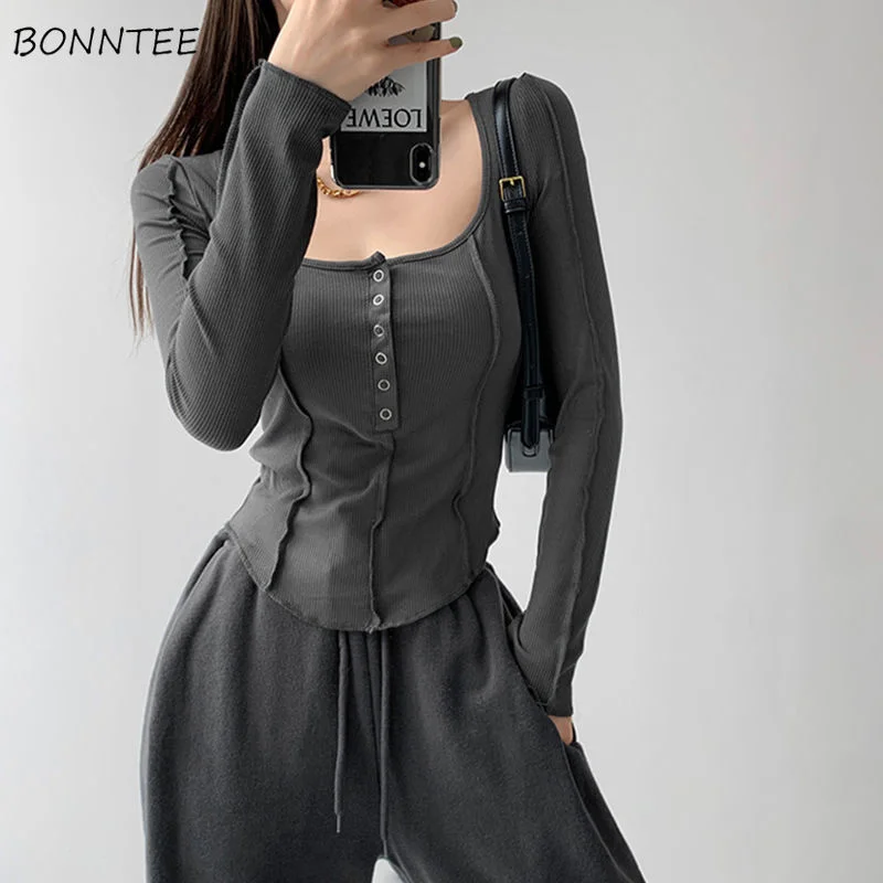 

2023 T-shirts Women Skinny Inside Korean Fashion Spring Sexy Ladies Daily Long Sleeve Minimalist Solid Simple Chic Cozy Crops De