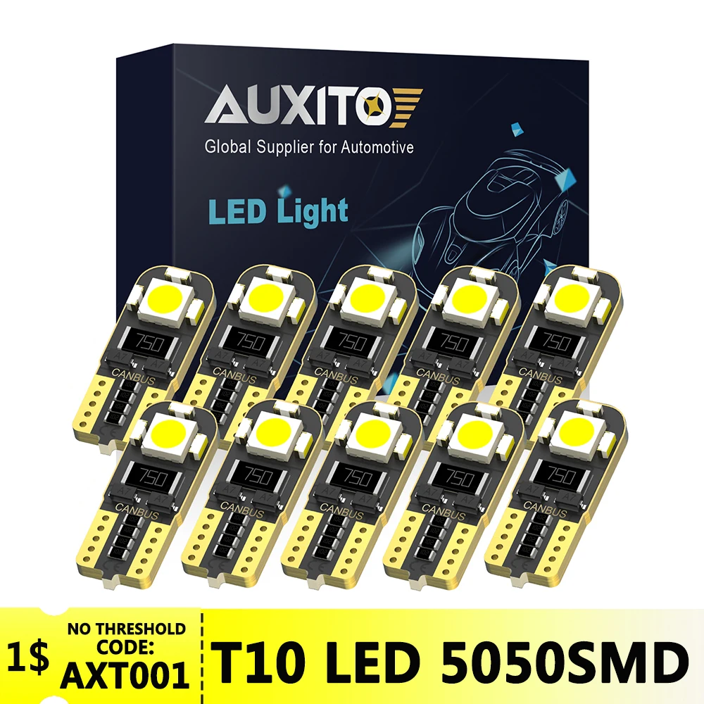 AUXITO 10 шт. T10 светодиодный 5050SMD 12 В Canbus без ошибок W5W светодиодный лампы для салона автомобиля с боковой подсветкой 6000K белый 194 168