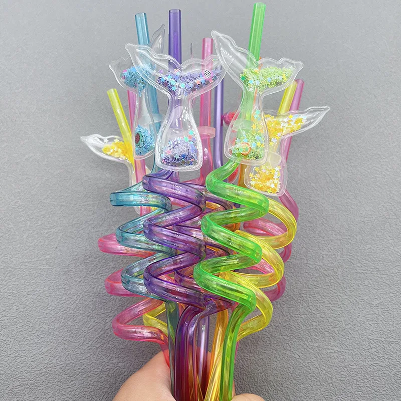 4/8pcs Reusable Mermaid Drinking Straws Mermaid Theme Kids Fruit Party Supplies Fish Tail Plastic Straws with Cleaning Brush