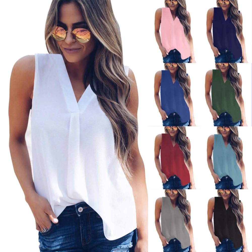 

Fashion Women v Neck Chiffon Blouses Summer Top Sleeveless Shirt Casual Tops Blusas Mujer De Moda 2020