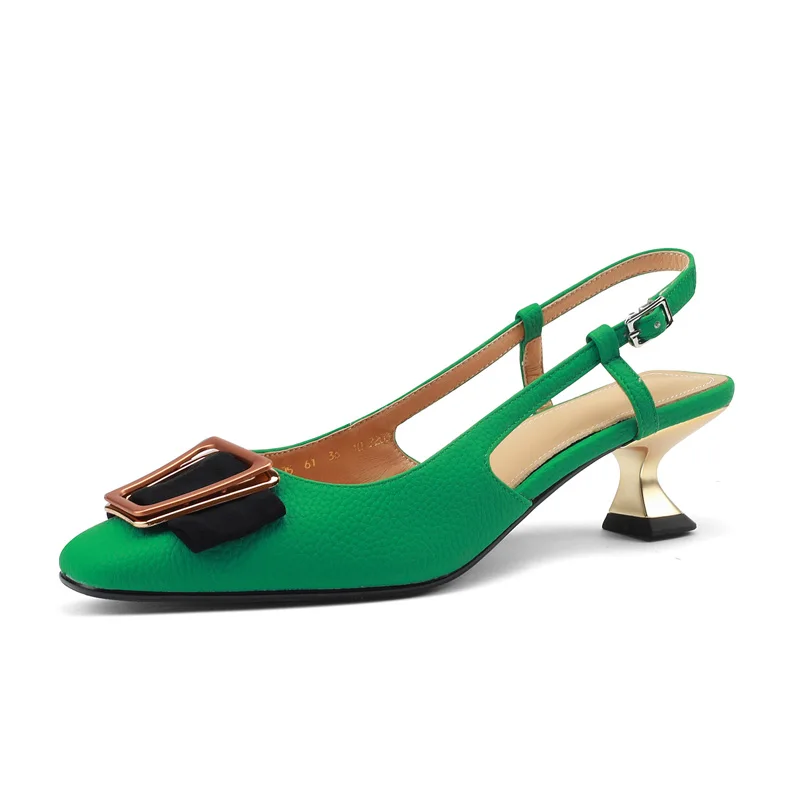 

Genuine Leather Women Slingbacks Sandals 2022 New Summer Mid Hoof Heel Sandal Beige Black Green Square Closed Toe Party Shoes