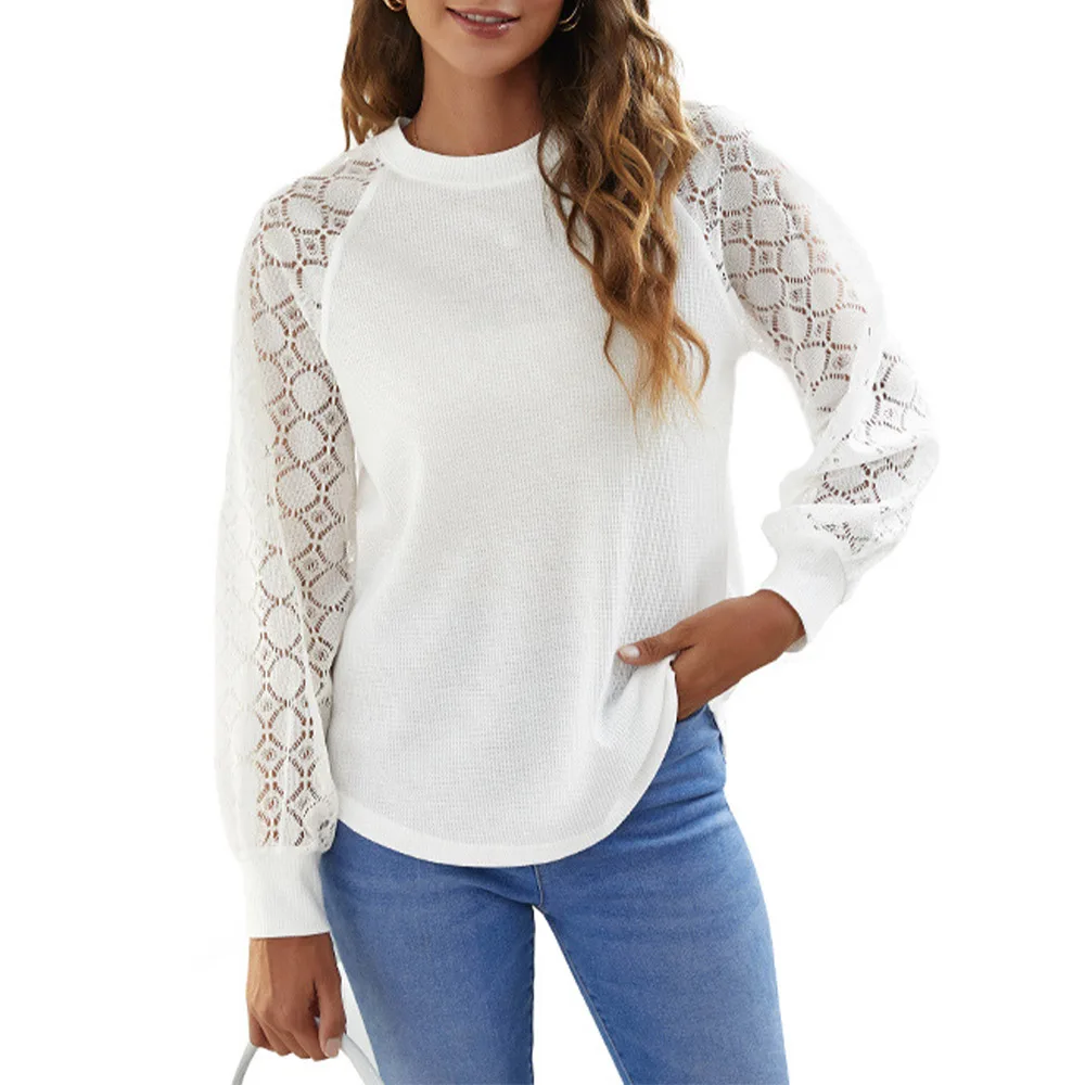 

Elegant Women's Long Sleeve Lace Knit T Shirt Tops White Crochet Hollow Out Round Neck Stylish Tee Shirts Female Pullovers Tops