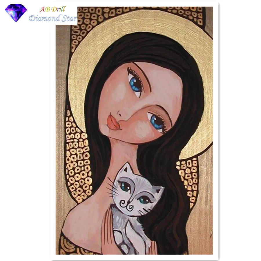 

5D AB Square/Round Drill Woman and cat Diamond Painting Cross Stitch Kit DIY Diamond Embroidery Mosaic Home Decor