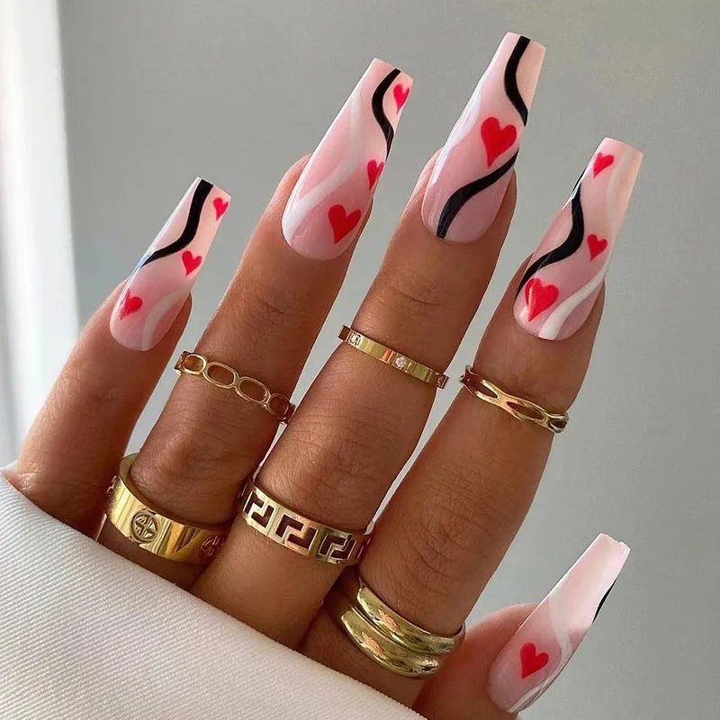 

JP1759 Red Sweetie Swirl Nails Set Press on Faux Ongles