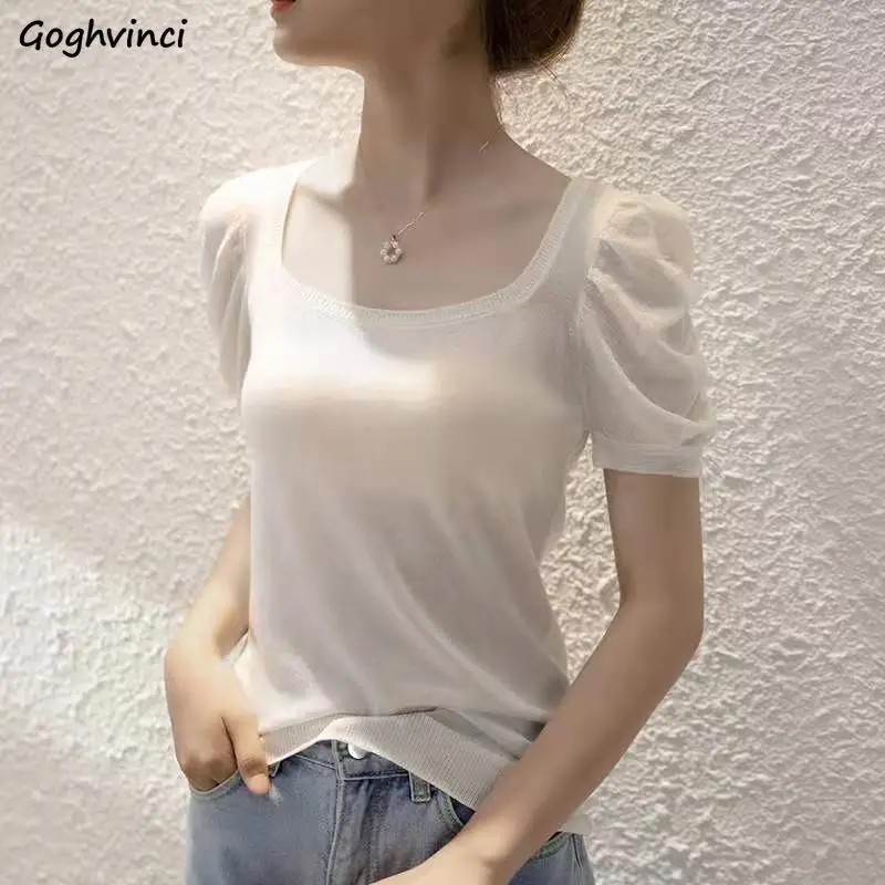 

Футболка женская трикотажная с рукавами-фонариками, приталенный элегантный топ, универсальный модный однотонный Повседневный Топ разных ц...