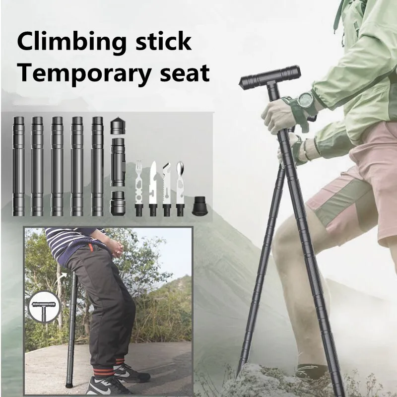 Multifunctional Trekking Pole Outdoor Self-Defense Stick T-Shaped Stool Camping Survival Tool Telescopic Folding Magic Stick