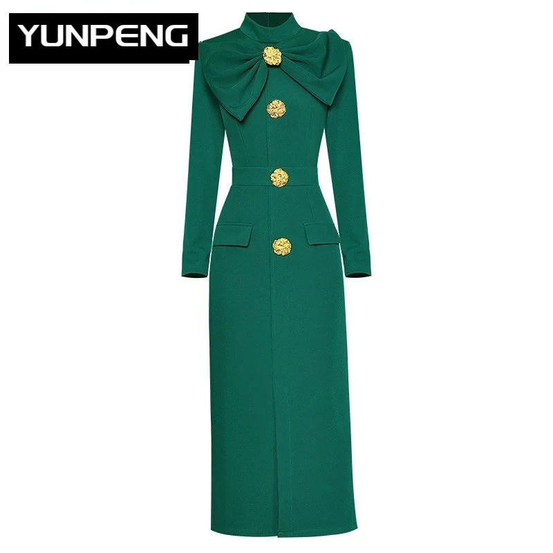 

Dresses For Women 2023 Runway Luxury Designer High Quality Spring Autumn Stand Collar Long Sleeve Package Buttocks Slit Dress