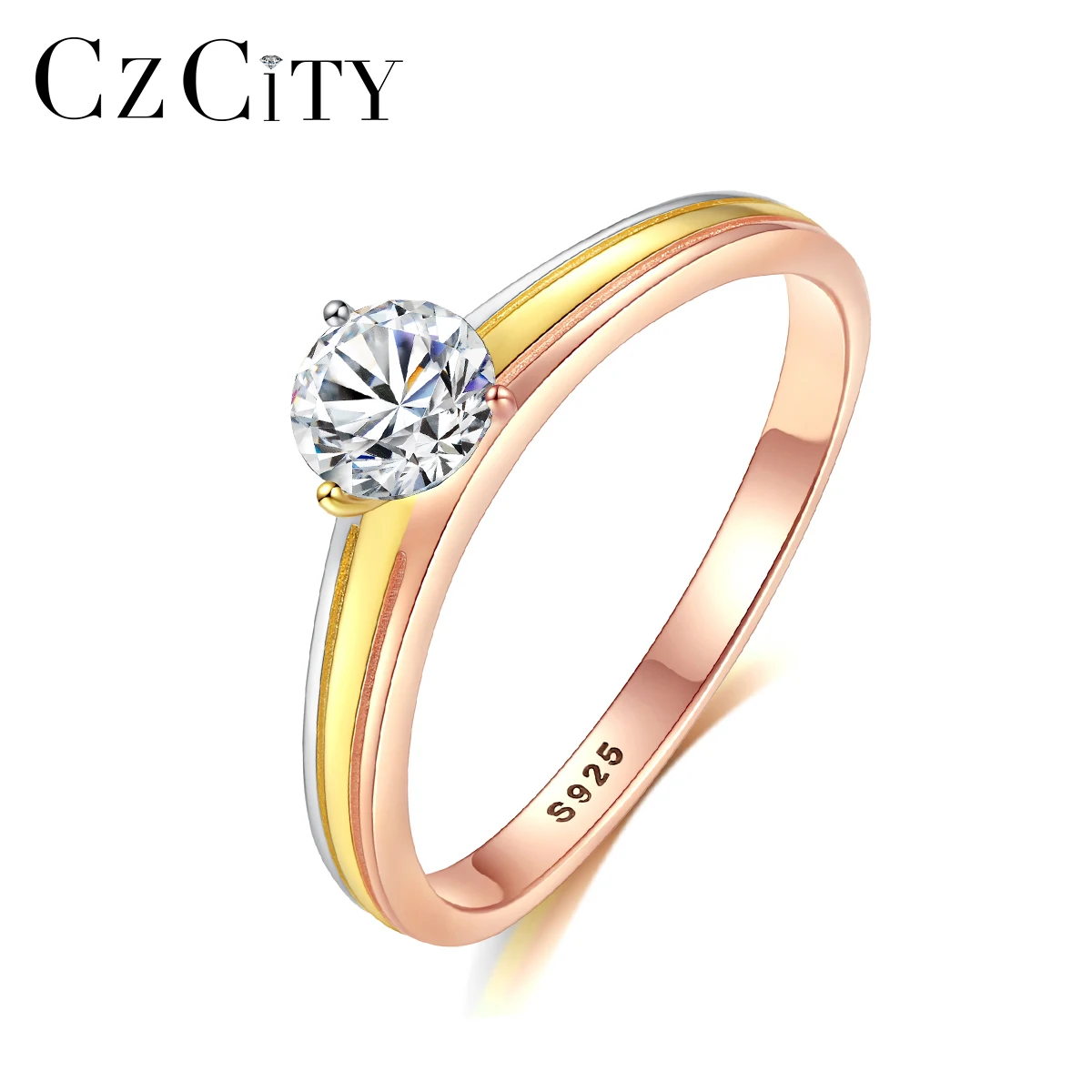 

CZCITY Tricolor Plated Pure 925 Sterling Silver Classic Wedding Rings for Women AAA+ CZ Stone Fine Jewelry Female Anelli Bijoux