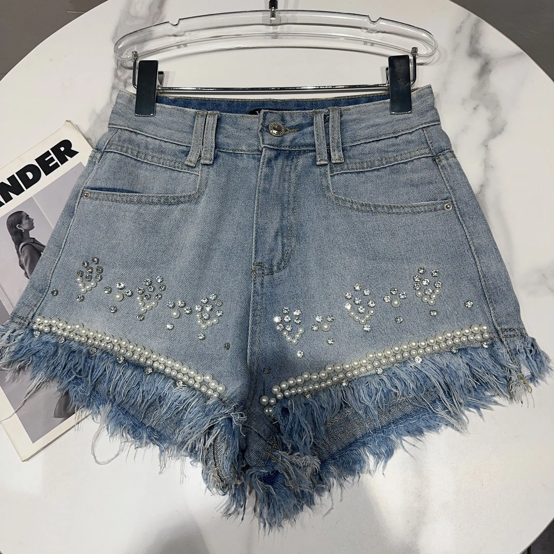 Booty Shorts Female High Waisted Denim Shorts 2023 Summer New Pearl Beaded Raw Edge Distressed Hot Girl Denim Shorts for Women