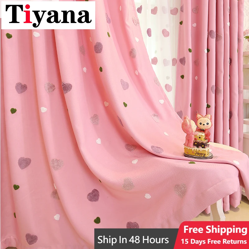 Cartoon Children Pink Embroidered 3D Love Heart Blackout Curtains For Girls Living Room Bedroom Window Tulle Drapes Cortinas