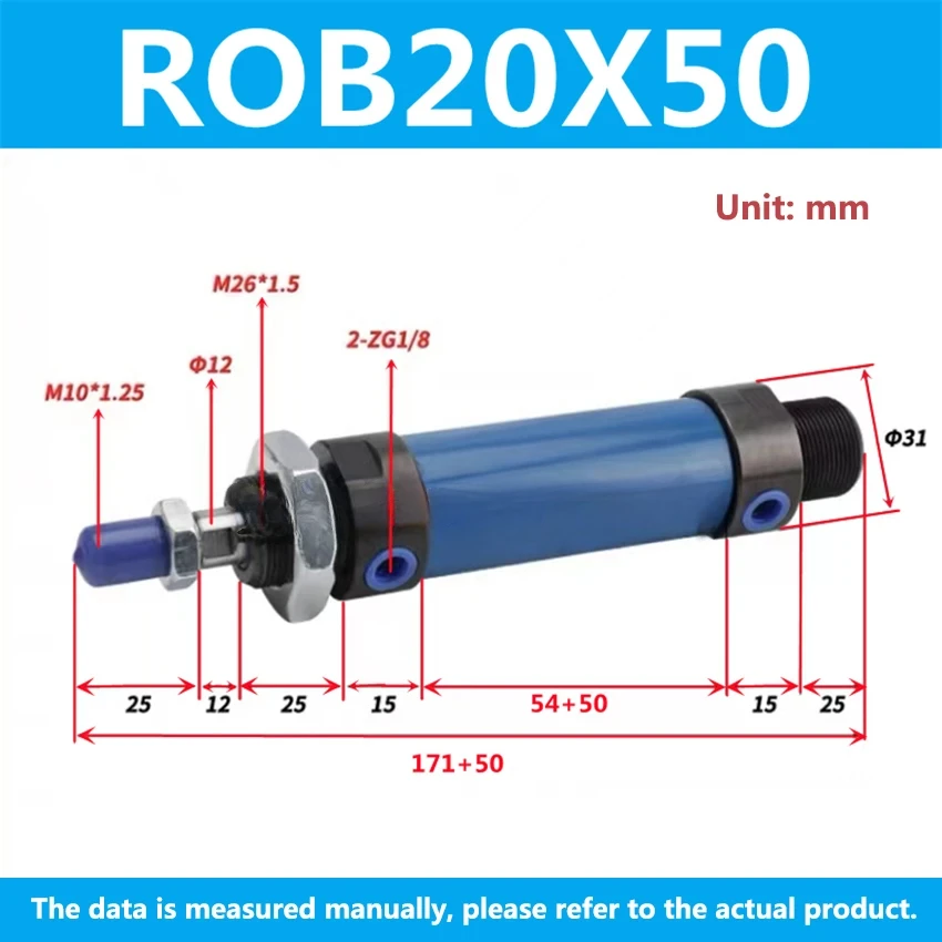 

Гидравлический цилиндр ROB, 20 мм, ход 25/50/75/100/200 мм, 14 МПа
