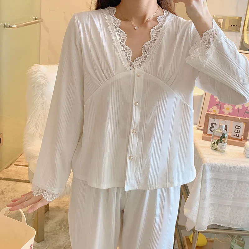 Sexy Pajamas Women's Spring Long Sleeved Cardigan Lace V-neck Fashion Home Clothes Combed Cotton Sleepwear Lady Sleepwear
