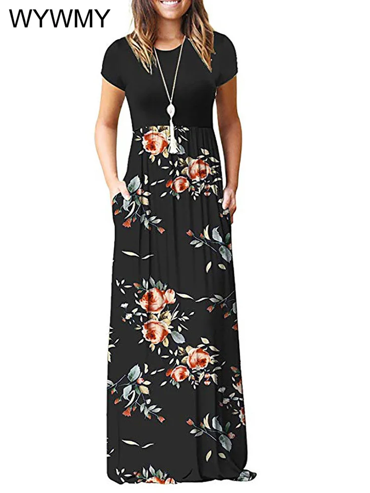 

WYWMY Vintage Floral Print Boho Dress Women Maxi Dress Evening Party Beach Summer Dress Vestidos Short Sleeve Split Long Dresses