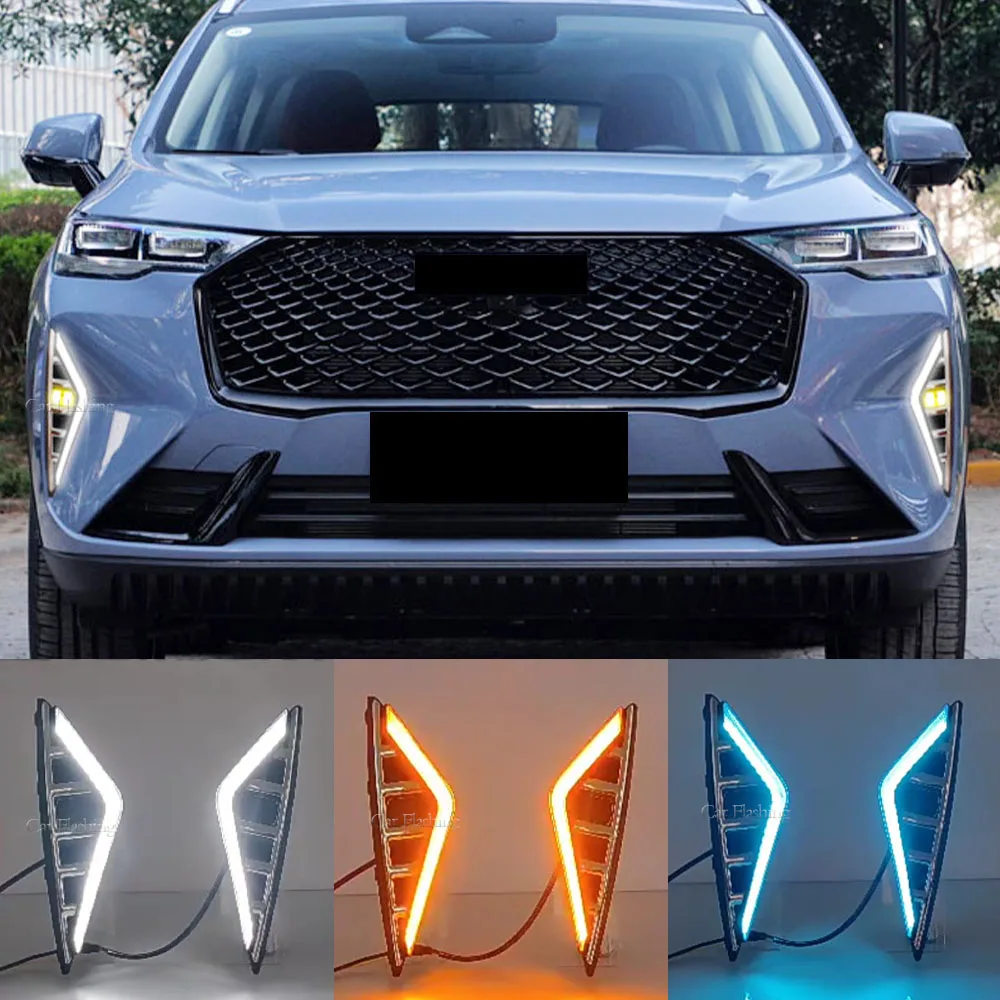 Фото Светодиодные ДХО для Haval H6 2020 2021 2022: Дневные ходовые огни с желтым сигналом поворота, противотуманные фары, накладки на фары, ходовые огни, головное освещение №1