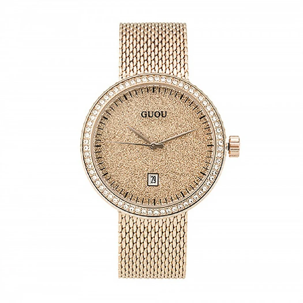 

Guou Brand Calendar Mesh Luxury Watch Dial High-grade Rose Gold Stainless Steel Watchband Leisure Ladies Quartz Wristwatches