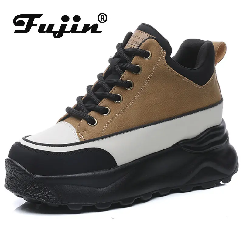 

Fujin 8cm New Genuine Leather Women Fashion Lace Up Mid Calf Ankle Boots Platform Wedge Mixed Color Autumn Spring Booties Shoes