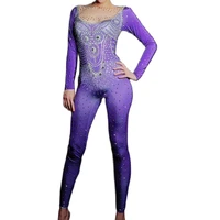 purple shining rhinestones crystal women jumpsuits pole dance stage costume nightclub bar clothing festival rave drag queen