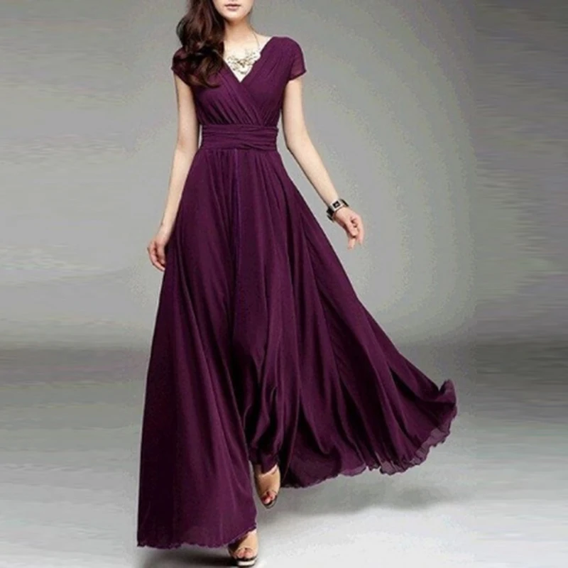 

Women Long Bohemian Maxi Dress Short Sleeve Fit And Flare Party Ankle Length Dress Ladies Female V Neck Beach Dress Vestidos 3XL