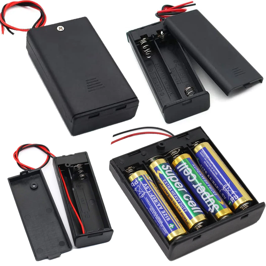 1/2/3/4 Slot AA Battery Holder,1.5V/3V/4.5V/6V AA Battery Box with Leads Wires ON/Off Switch and Screw Cap Case Back Cover