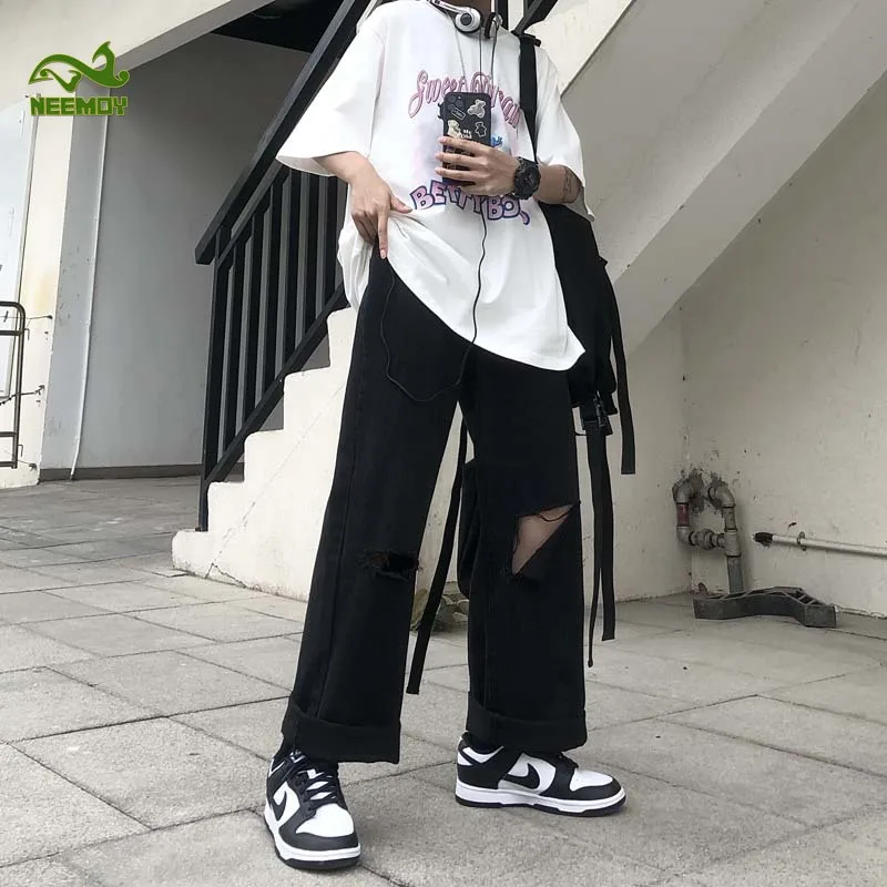 Neemoy 2022 New High Street Ripped Hole Jeans Oversize Men Fashion Loose Streetwear Straight Trouser Black Wide Leg Pants